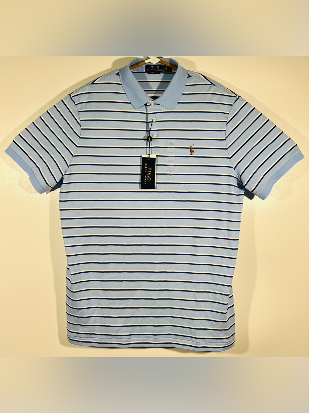 Polo Ralph Lauren Men Classic Fit Sz Large Blue Striped Cotton Polo Shirts NWT